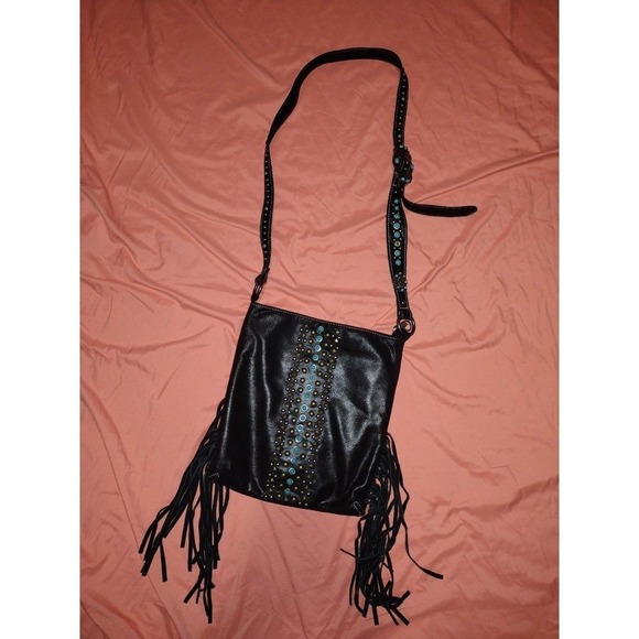 Montana West Fringe Purse Black Faux Leather Studded Turquoise Accent Bag - Picture 1 of 8